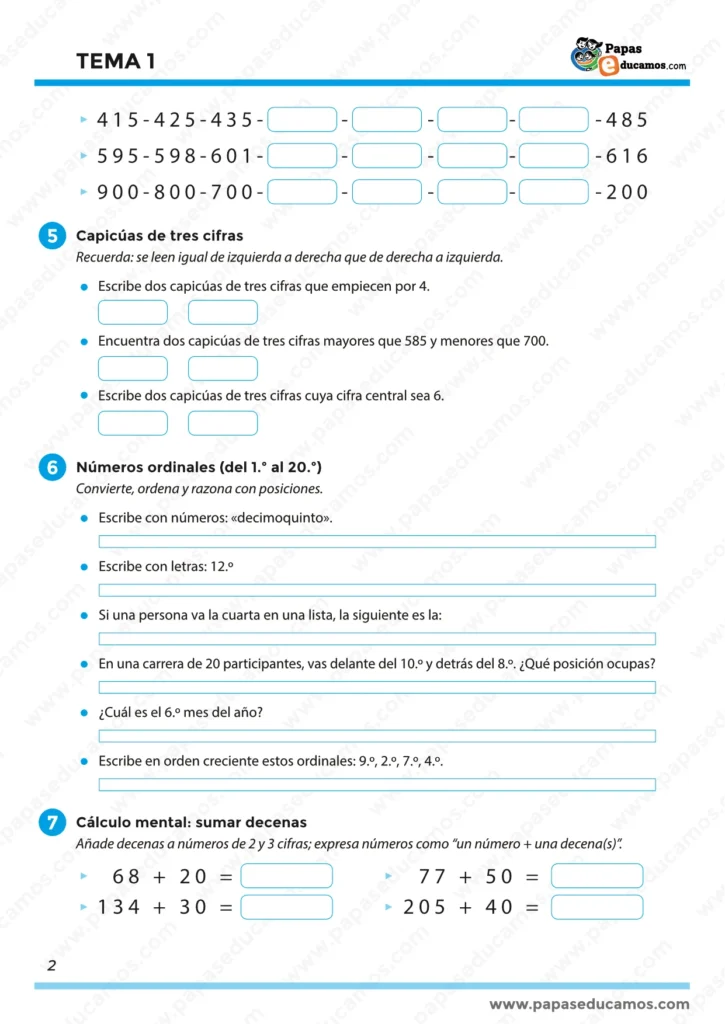 Ficha de matemáticas con ejercicios de escritura de números de 3 y 4 cifras, descomposición en UM-C-D-U, comparación y ordenación de números, y series numéricas.