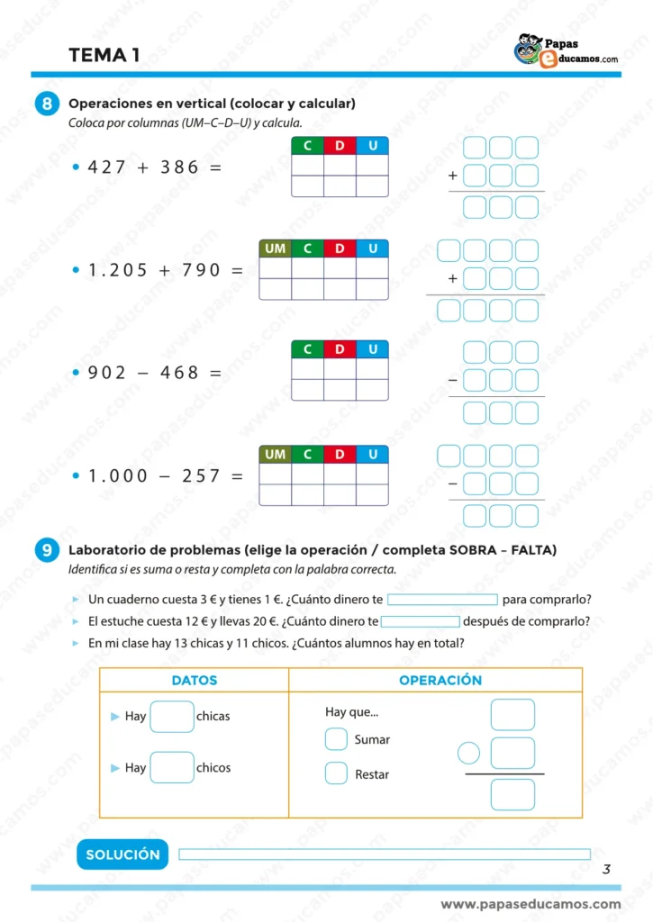 Ficha de operaciones en vertical con sumas y restas de números de 3 y 4 cifras, y problemas matemáticos con situaciones cotidianas de compras y conteo de alumnos.