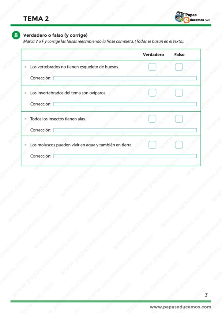 ejercicios_tema_02_cono_3_primaria_03 Ficha de repaso: ejercicios de verdadero o falso sobre vertebrados, invertebrados, moluscos e insectos. Conocimiento del Medio 3º Primaria.
