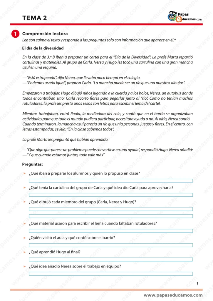 ejercicios_tema_02_lengua_3_primaria_01 Ficha de comprensión lectora del texto “El día de la diversidad” para Tercer Grado de Primaria, basada en el libro “Construyendo Mundos” de Santillana.