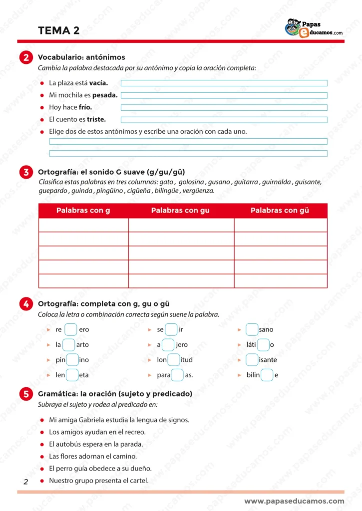 ejercicios_tema_02_lengua_3_primaria_02 Ejercicios de vocabulario, ortografía y gramática para Lengua Castellana, tema 2 del libro “Construyendo Mundos” de Santillana.