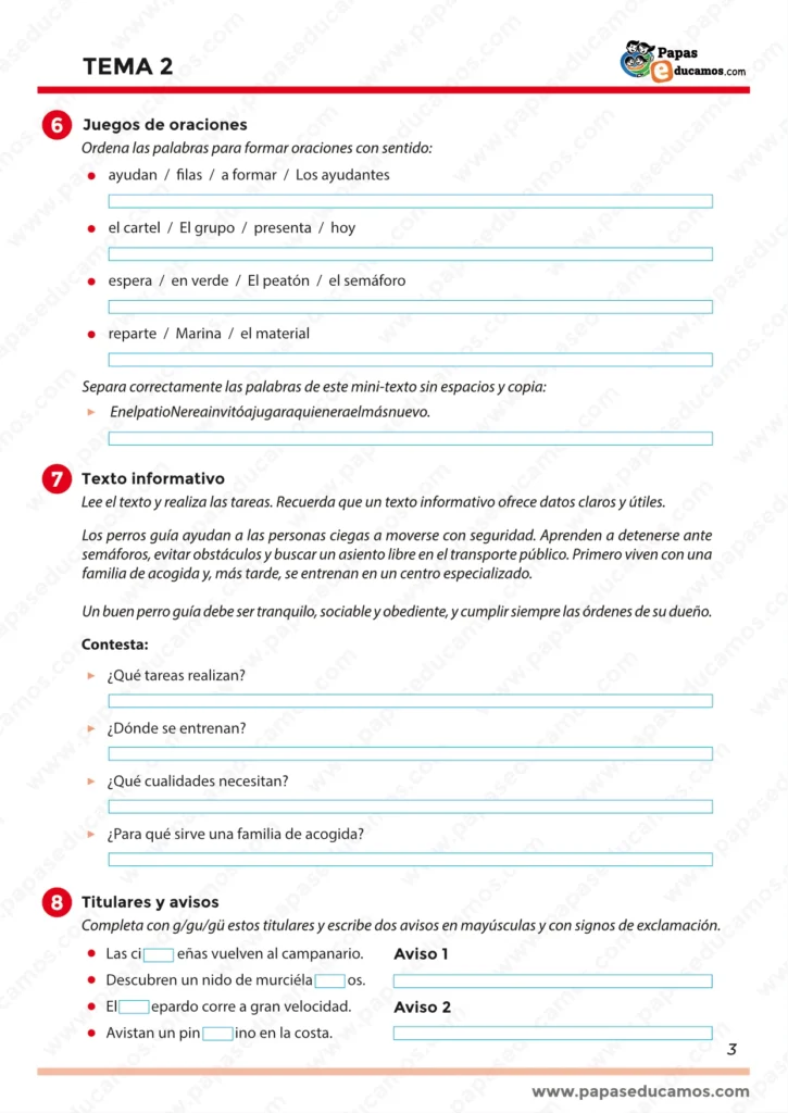 ejercicios_tema_02_lengua_3_primaria_03 Ejercicios de redacción y comprensión lectora sobre los perros guía, para Lengua de Tercer Grado de Primaria, según el libro “Construyendo Mundos” de Santillana.