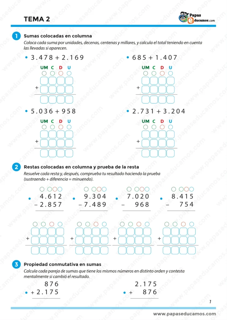 Ficha de Matemáticas para Tercer Grado de Primaria con sumas y restas en columna, basada en el libro “Construyendo Mundos” de Santillana.