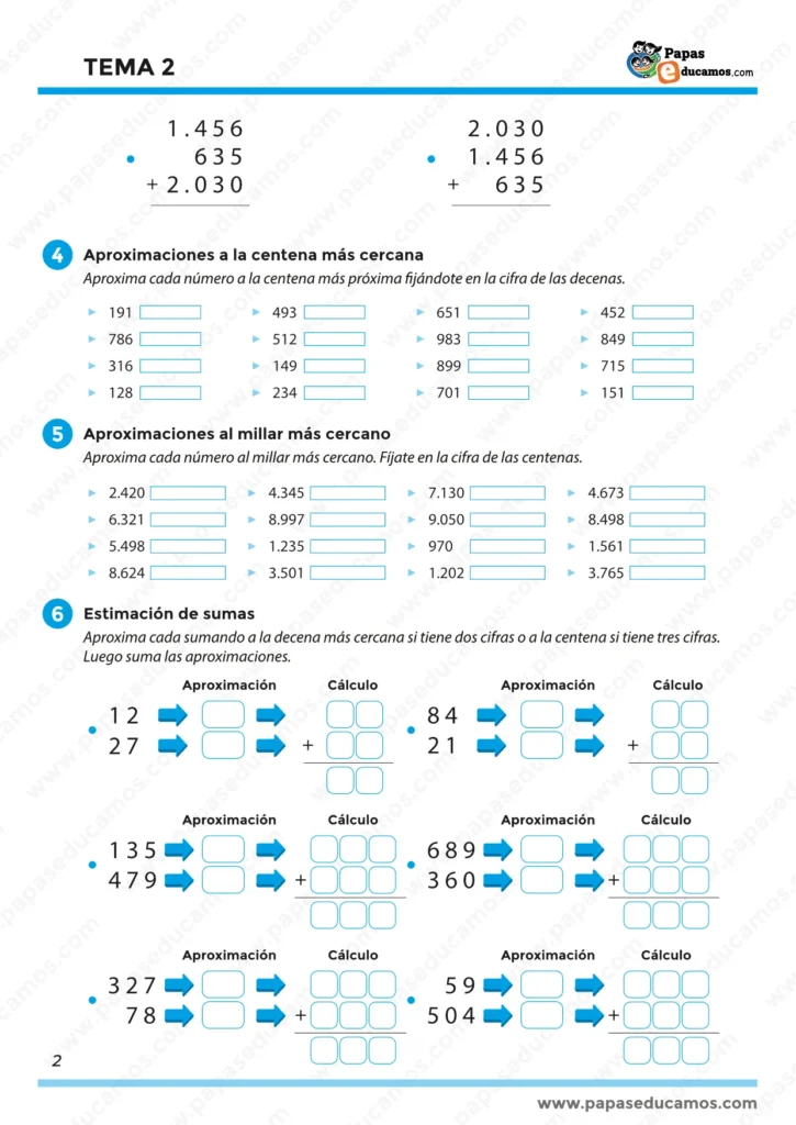 Ficha de Matemáticas del Tema 2 con ejercicios de aproximación a la centena y millar más cercanos, según el libro “Construyendo Mundos” de Santillana.