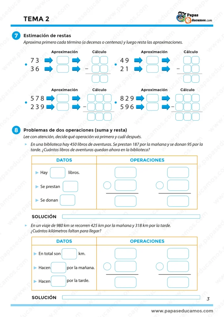 Ficha de Matemáticas para Tercer Grado con ejercicios de estimación y problemas de dos operaciones, inspirada en el libro “Construyendo Mundos” de Santillana.