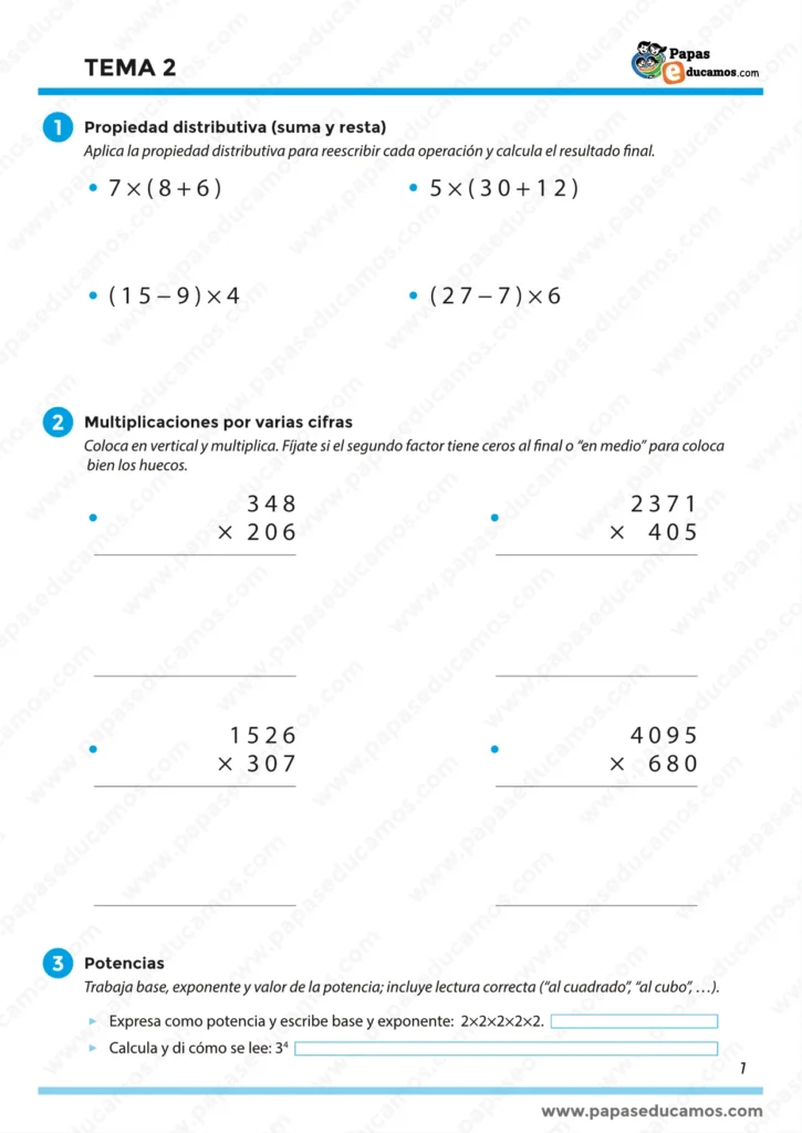 ejercicios_tema_02_mates_5_primaria_01 Ficha de Matemáticas 5º Primaria: propiedad distributiva y multiplicaciones por varias cifras.