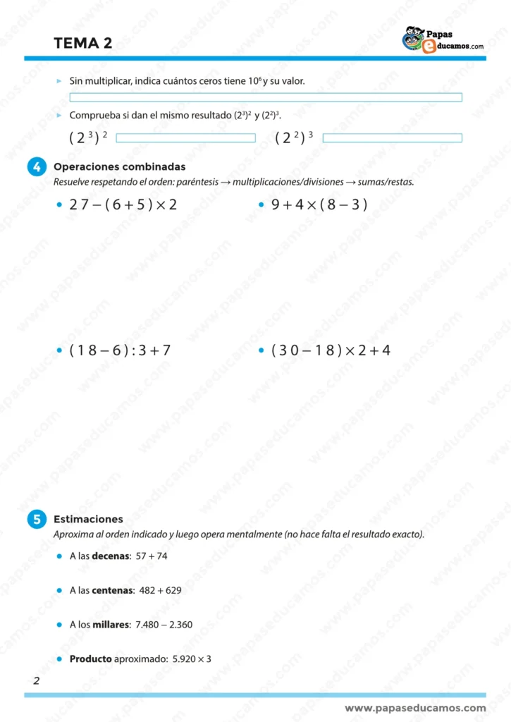 ejercicios_tema_02_mates_5_primaria_02 Ficha sobre potencias, operaciones combinadas y estimaciones numéricas para 5º de Primaria.