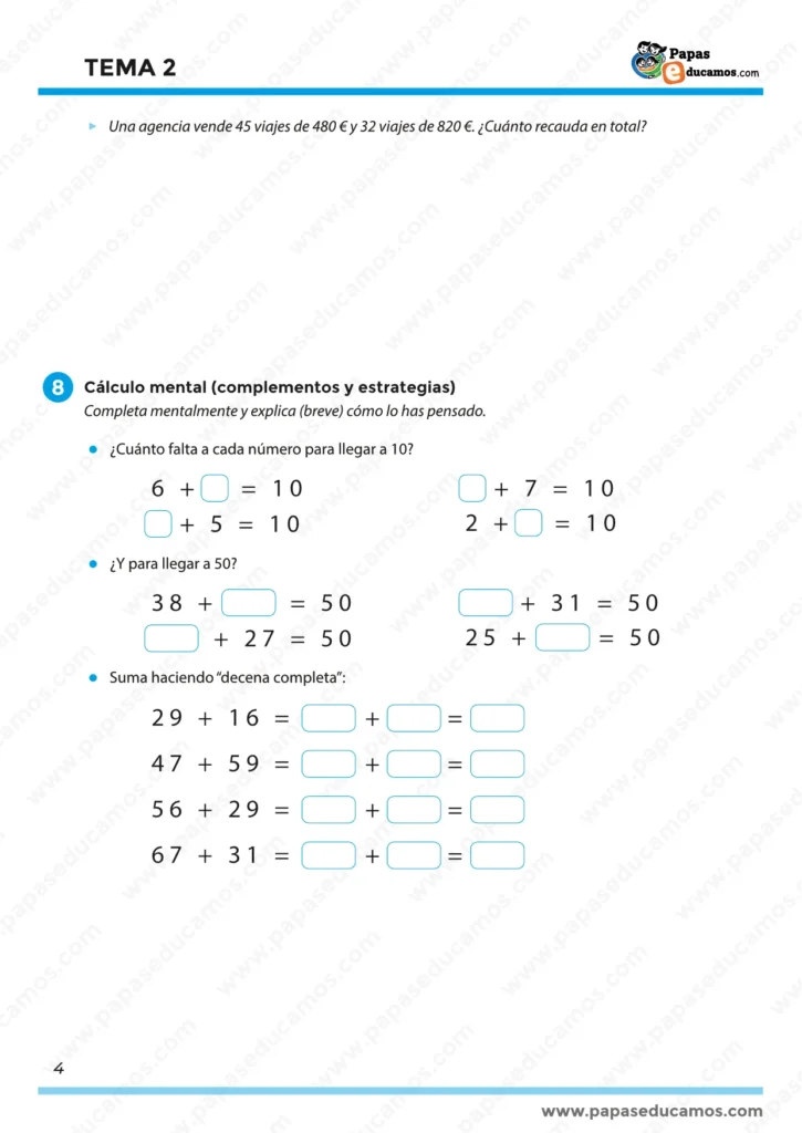 ejercicios_tema_02_mates_5_primaria_04 Ficha de cálculo mental con estrategias de complementos y decenas completas. Ejercicios prácticos de Matemáticas 5º Primaria.