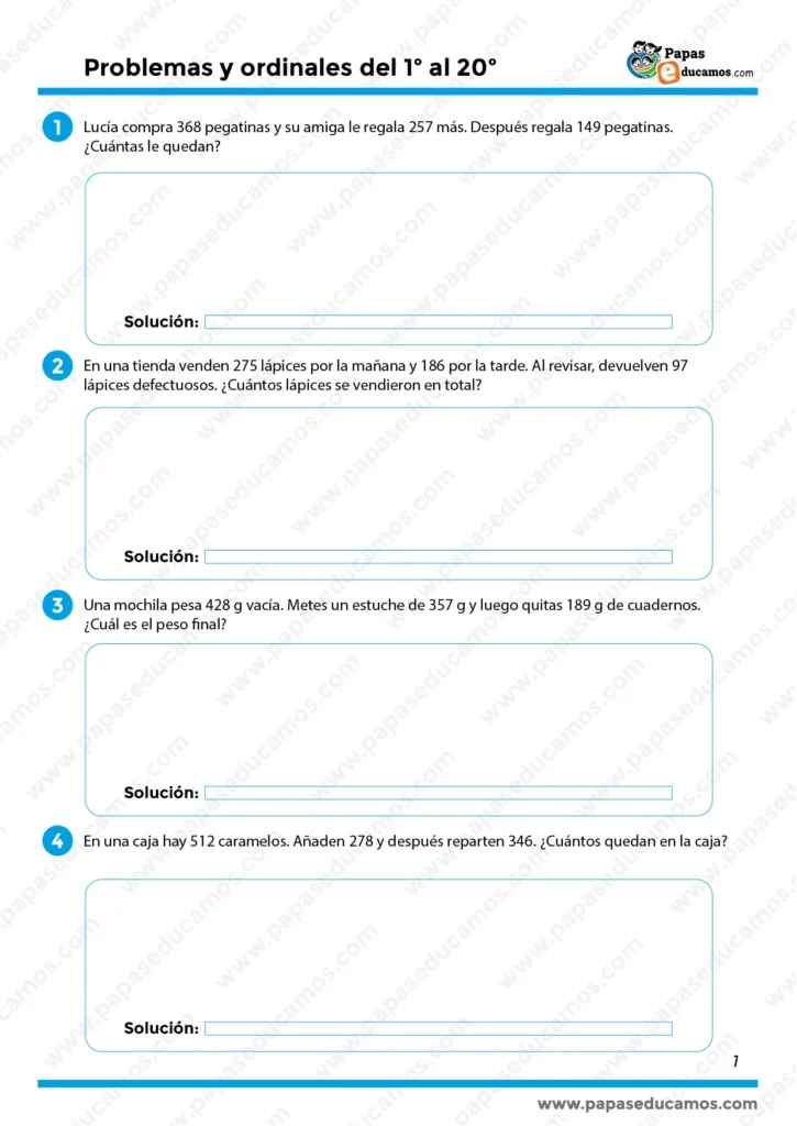 Ejercicios de problemas matemáticos con operaciones de suma y resta para alumnos de 3º de Primaria.
