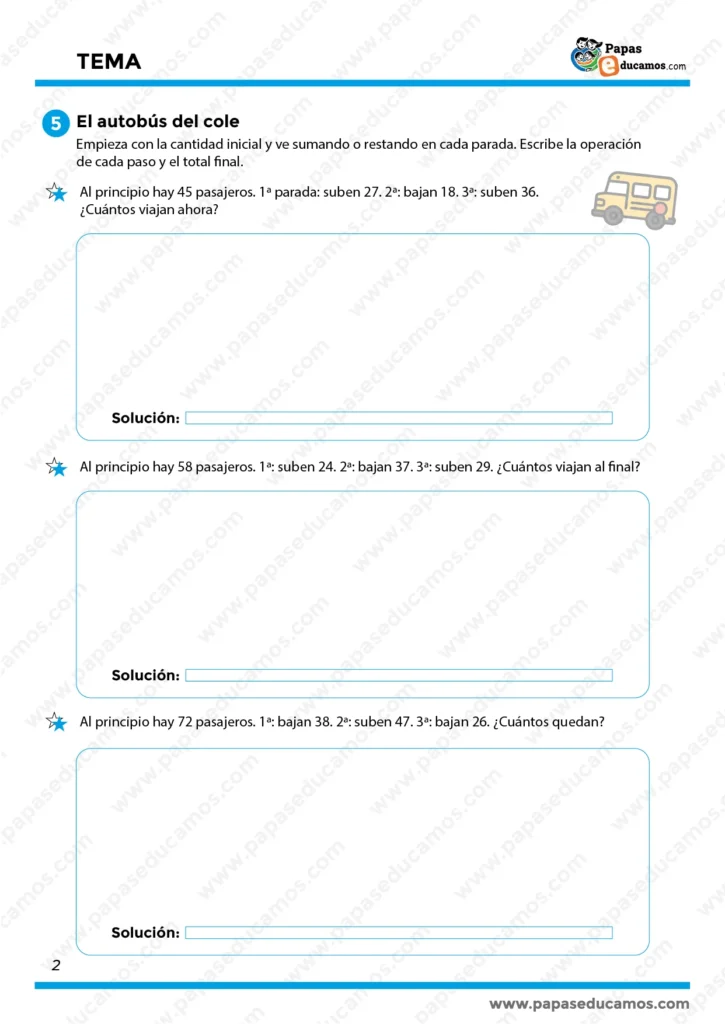 Fichas de problemas de matemáticas sobre pasajeros del autobús escolar, con operaciones de sumar y restar.
