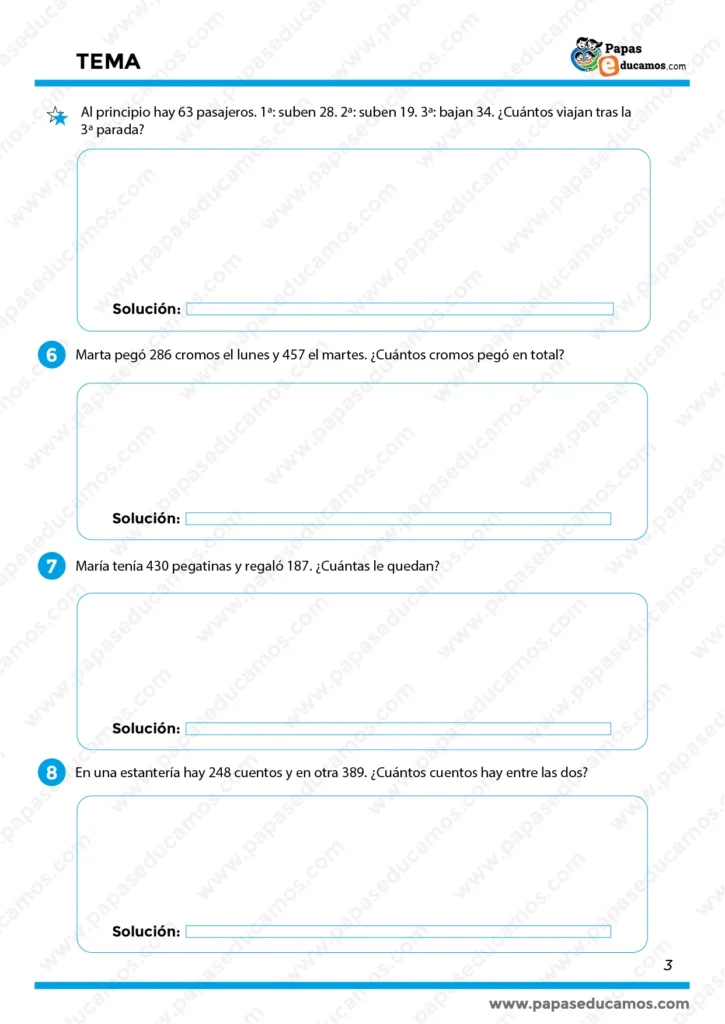 Ejercicios con operaciones de dos y tres cifras y problemas de pegatinas, cromos y cuentos para practicar sumas y restas.