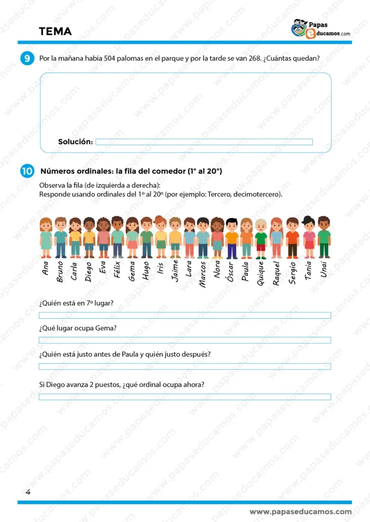 Actividad de números ordinales del 1º al 20º con ilustración de niños en fila y preguntas para practicar el orden.