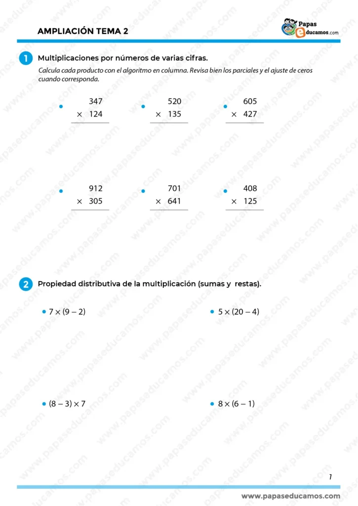 calculo-repaso-tema-2-quinto-primaria_Mesa de trabajo 1 Ficha de ampliación del Tema 2 de Matemáticas para 5º de Primaria con ejercicios de multiplicaciones por varias cifras y propiedad distributiva de la multiplicación respecto a la suma y la resta. Recurso imprimible para reforzar el cálculo.