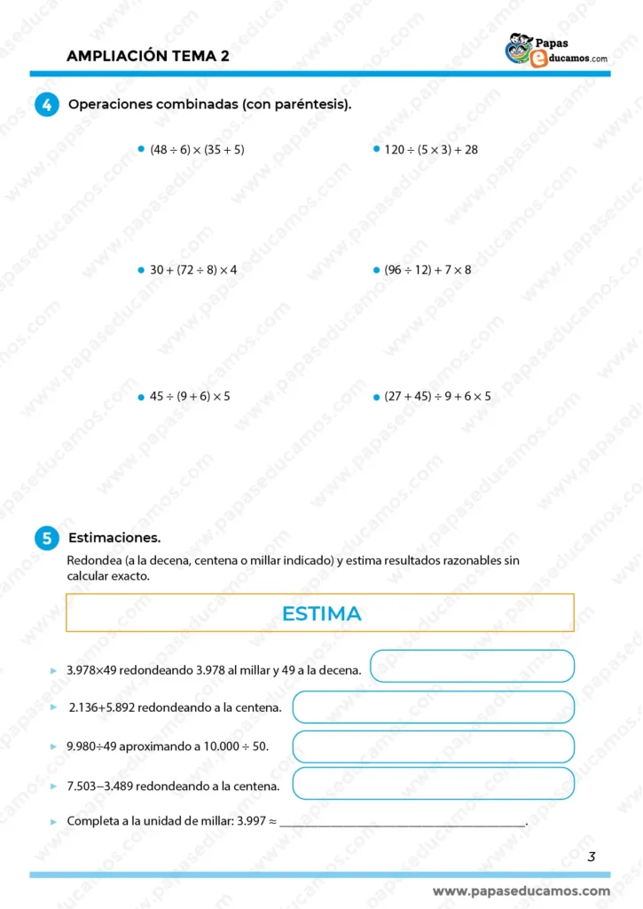 calculo-repaso-tema-2-quinto-primaria_Mesa de trabajo 1 copia 2 Ficha con ejercicios de operaciones combinadas con paréntesis y estimaciones de resultados redondeando a decenas, centenas y millares. Actividades para mejorar la precisión y la lógica matemática en 5º de Primaria.