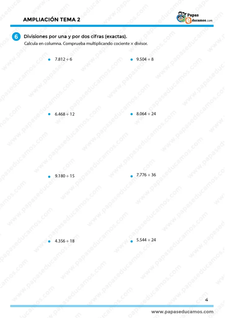 calculo-repaso-tema-2-quinto-primaria_Mesa de trabajo 1 copia 3 Actividades de divisiones exactas por una y dos cifras para alumnos de quinto de primaria. Ejercicios en columna con comprobación mediante multiplicación del cociente por el divisor.