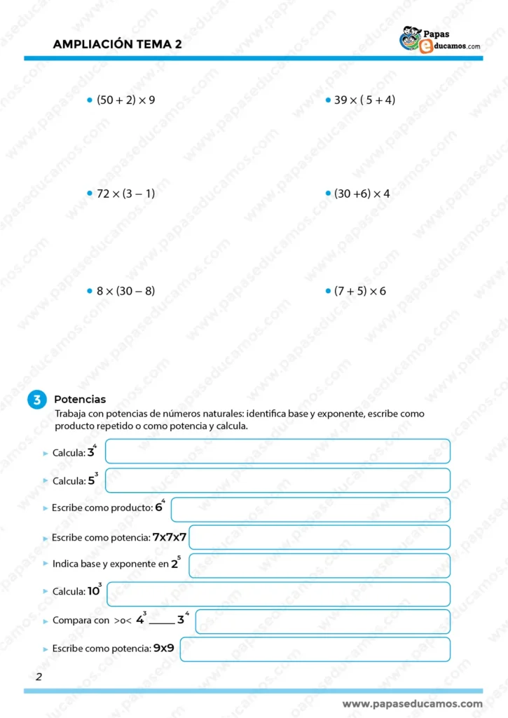 calculo-repaso-tema-2-quinto-primaria_Mesa de trabajo 1 copia Ejercicios de potencias para quinto de primaria: identifica base y exponente, escribe como producto repetido y calcula potencias como 3³, 5³ o 10³. Incluye actividades de operaciones con paréntesis y cálculo con multiplicaciones.
