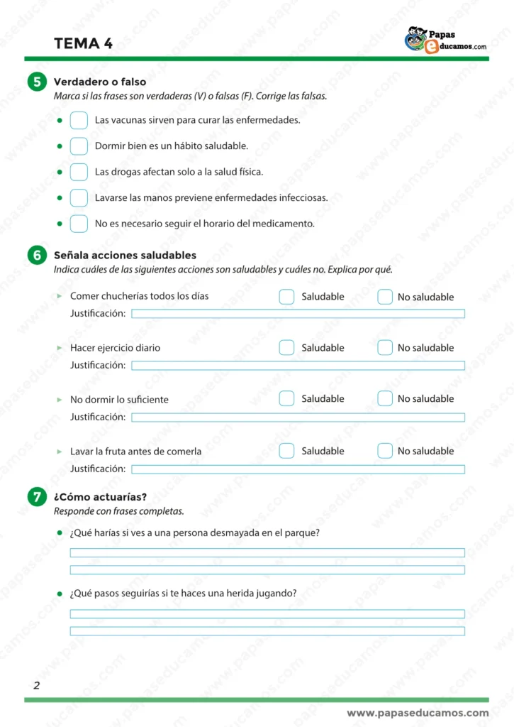 Página 2 de la ficha de Conocimiento del Medio 5º de Primaria, Tema 4 La salud y los hábitos saludables. Ejercicios de verdadero o falso sobre vacunas, drogas, higiene y medicamentos; actividades para identificar acciones saludables o no saludables y preguntas sobre cómo actuar ante un desmayo o una herida.