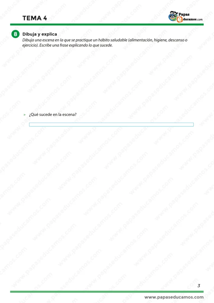 Página 3 de la ficha de Conocimiento del Medio 5º de Primaria, Tema 4 La salud y los hábitos saludables. Actividad final para dibujar una escena con un hábito saludable de alimentación, higiene, descanso o ejercicio y escribir una frase explicando lo que sucede.