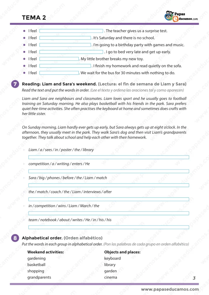ejercicios_ingles_tema_2_5_primaria_03 Ficha de inglés 5º Primaria tema 2: emociones en inglés, lectura sobre el fin de semana de Liam y Sara y orden de oraciones, más vocabulario en orden alfabético.