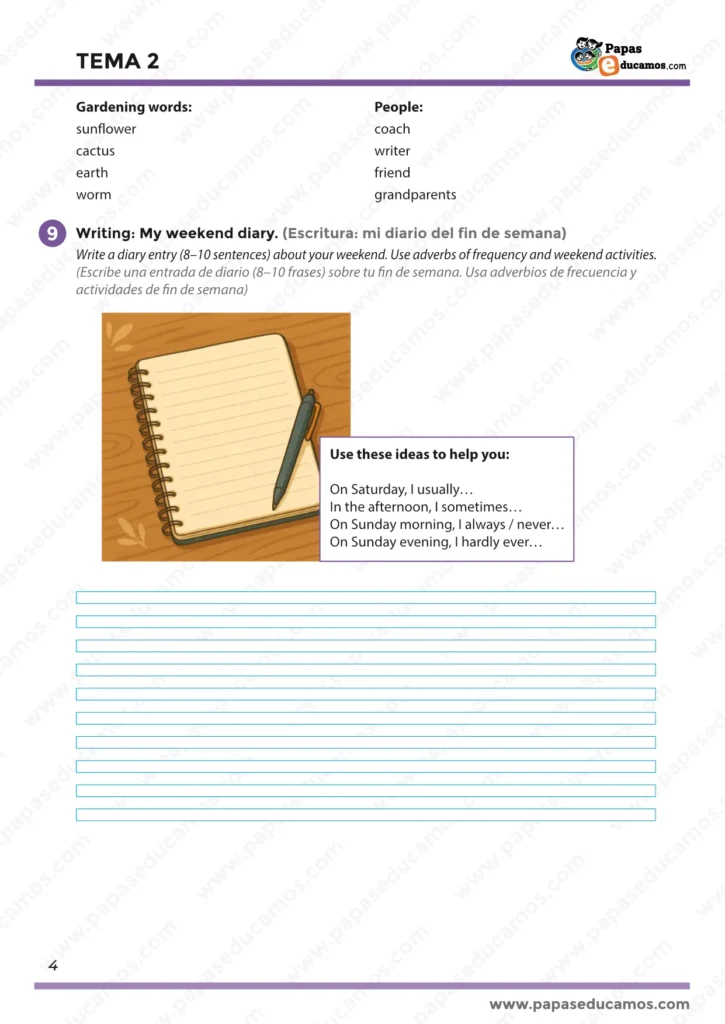 ejercicios_ingles_tema_2_5_primaria_04 Ficha de inglés 5º Primaria tema 2: actividad de escritura My weekend diary con ideas para redactar un diario del fin de semana en inglés.