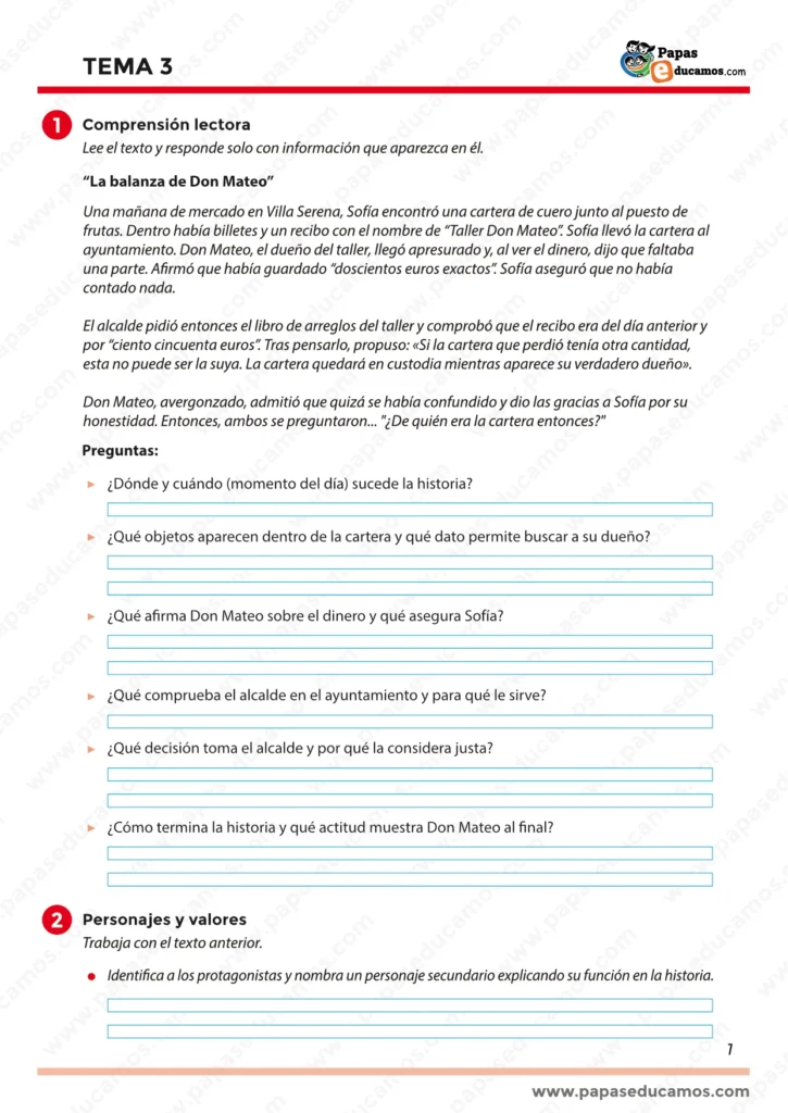 ejercicios_lengua_tema_3_5_primaria_01 Primera página del Tema 3 de Lengua para 5º de Primaria. Incluye el texto “La balanza de Don Mateo” y actividades de comprensión lectora con preguntas sobre la historia, personajes y valores.