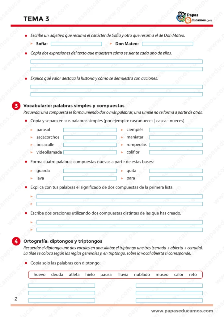 ejercicios_lengua_tema_3_5_primaria_02 Segunda página con ejercicios de vocabulario sobre palabras simples y compuestas, creación de nuevas palabras, explicaciones de significado y oraciones de práctica.
