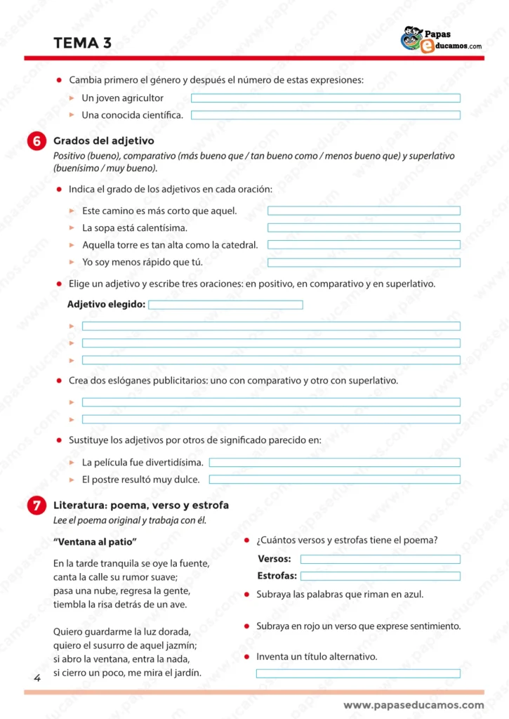 ejercicios_lengua_tema_3_5_primaria_04 Cuarta página con ejercicios sobre grados del adjetivo, creación de oraciones, eslóganes publicitarios y sustitución de adjetivos. Incluye el poema “Ventana al patio” y preguntas de análisis literario.
