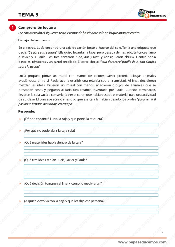 ejercicios_tema_03_lengua_3_primaria_01 Comprensión lectora “La caja de las manos”. Lectura con preguntas para identificar ideas principales, personajes, materiales y acciones relacionadas con el trabajo en equipo y la ayuda mutua.