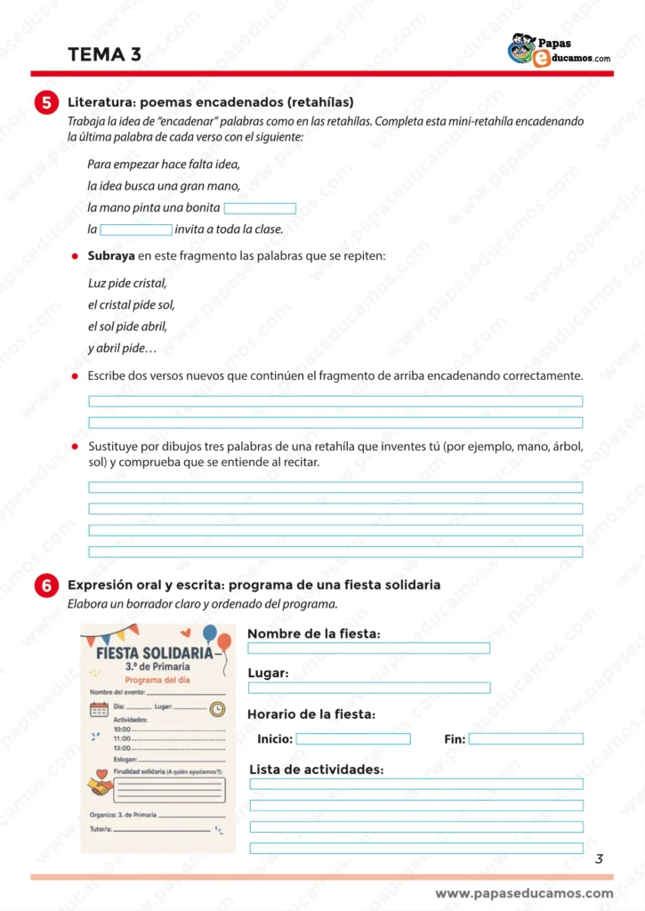 ejercicios_tema_03_lengua_3_primaria_03 Ficha de literatura y expresión escrita para crear poemas encadenados o retahílas. Actividad para escribir versos, reconocer repeticiones y elaborar el programa de una fiesta solidaria con horario y actividades.