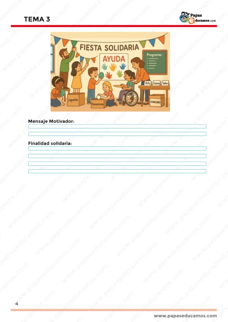 ejercicios_tema_03_lengua_3_primaria_04 Ilustración de una fiesta solidaria. Actividad final de escritura para redactar un mensaje motivador y explicar la finalidad solidaria del evento, fomentando valores de empatía y cooperación.