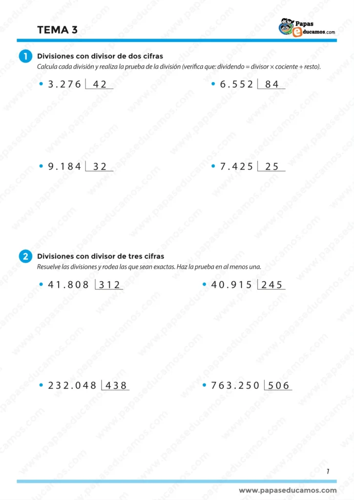 ejercicios_tema_03_mates_5_primaria_01 Ejercicios de divisiones con divisor de dos y tres cifras para quinto de primaria, con operaciones largas y comprobación de resultados. Tema 3 Matemáticas Santillana.