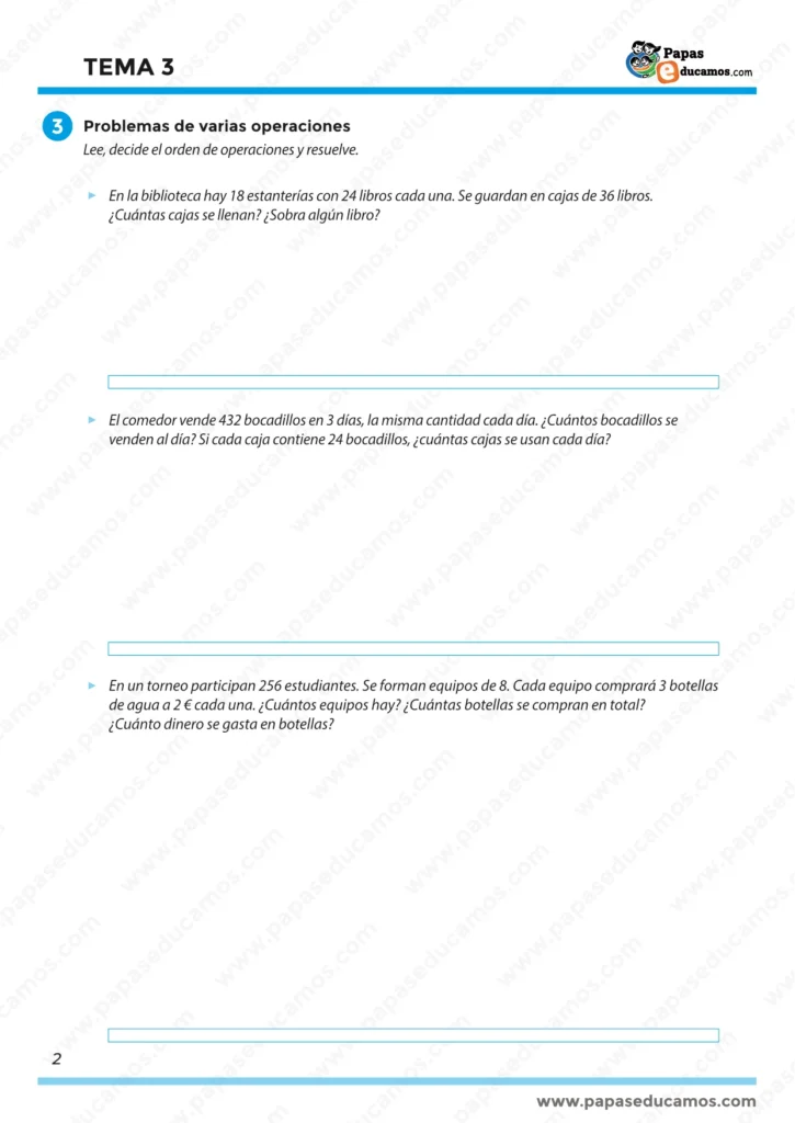 ejercicios_tema_03_mates_5_primaria_02 Problemas de varias operaciones para estudiantes de 5º de primaria, con situaciones reales que requieren cálculo, divisiones y razonamiento. Tema 3 Matemáticas Santillana.