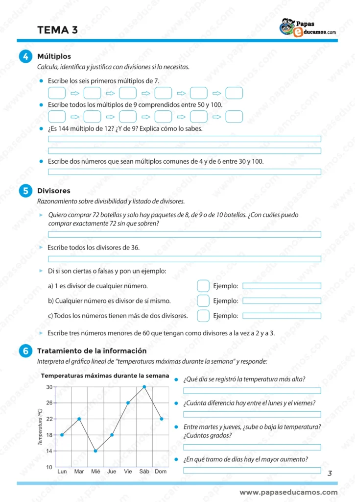 ejercicios_tema_03_mates_5_primaria_03 Actividades de múltiplos, divisores y tratamiento de la información con gráfico de temperaturas para quinto de primaria. Tema 3 del libro de Matemáticas Santillana.