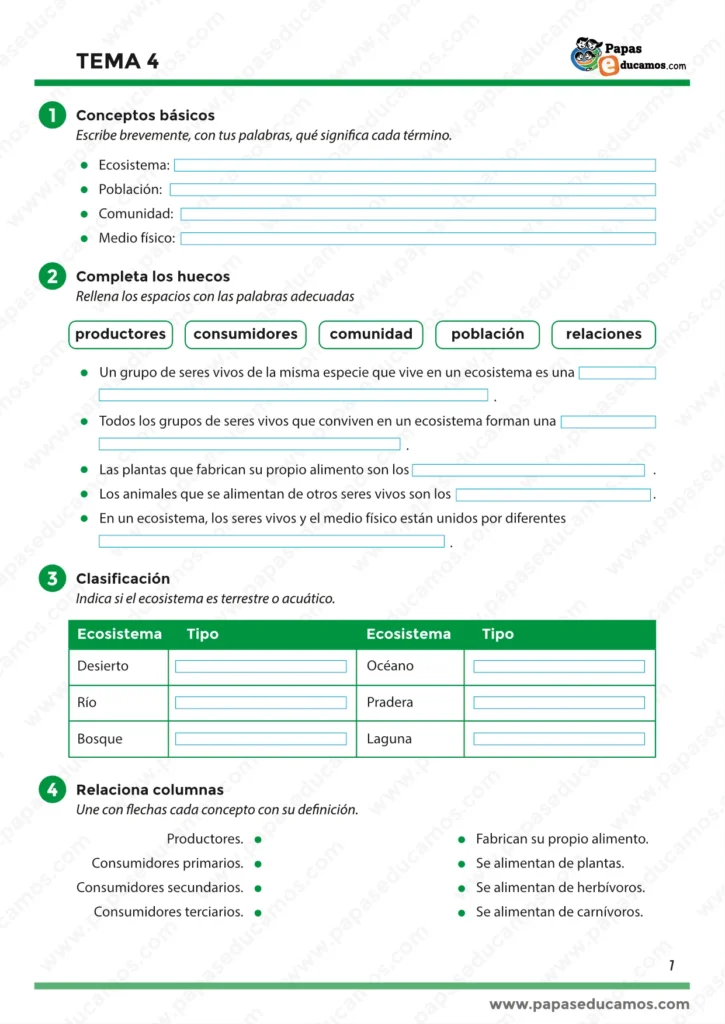 ejercicios_tema_04_cono_3_primaria_01 Página 1 del Tema 4 de Conocimiento del Medio para 3º de Primaria. Ejercicios para definir conceptos básicos de ecosistema, población, comunidad y hábitat, y completar frases sobre productores, consumidores y relaciones entre seres vivos.