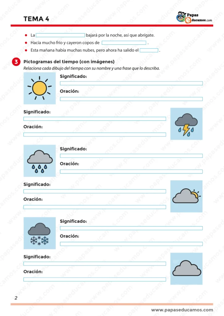 ejercicios_tema_04_lengua_3_primaria_02 Página 2 del Tema 4 de Lengua Castellana para 3º de Primaria. Ejercicios sobre pictogramas del tiempo, ortografía de la R y RR, y clasificación de palabras según su posición en la palabra.