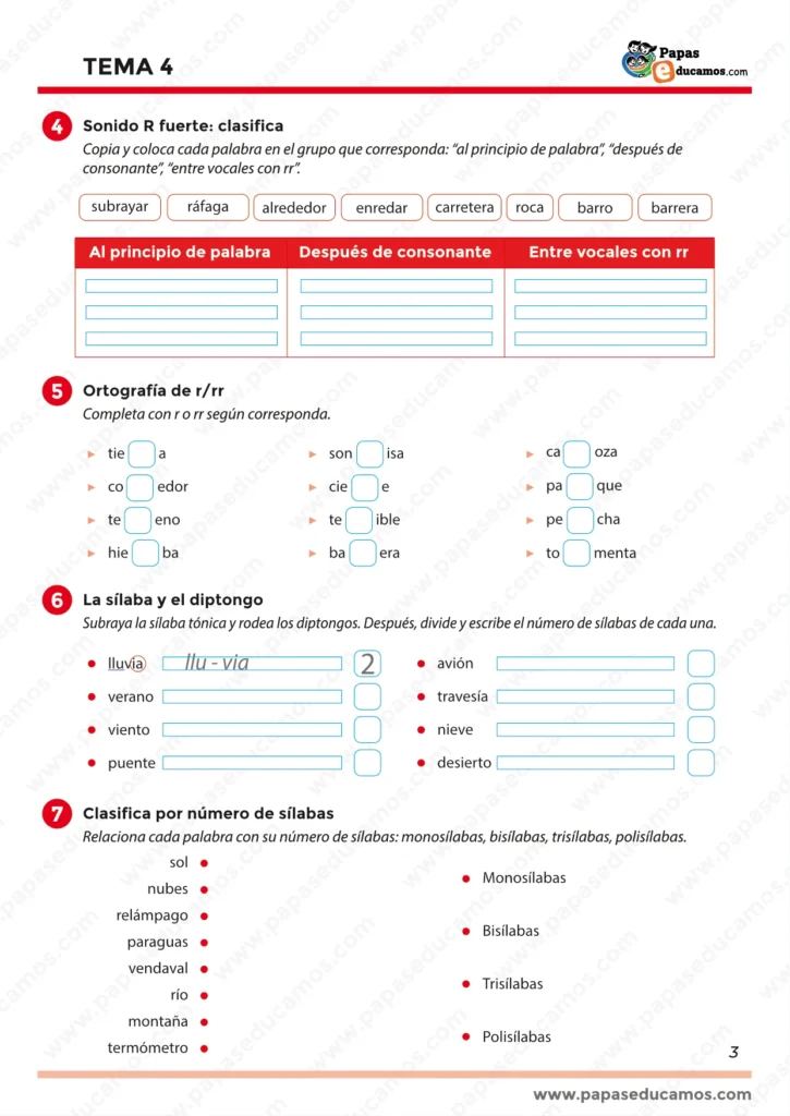 ejercicios_tema_04_lengua_3_primaria_03 Página 3 del Tema 4 de Lengua Castellana para 3º de Primaria. Actividades sobre sílabas, diptongos, acentuación y clasificación de palabras por número de sílabas.