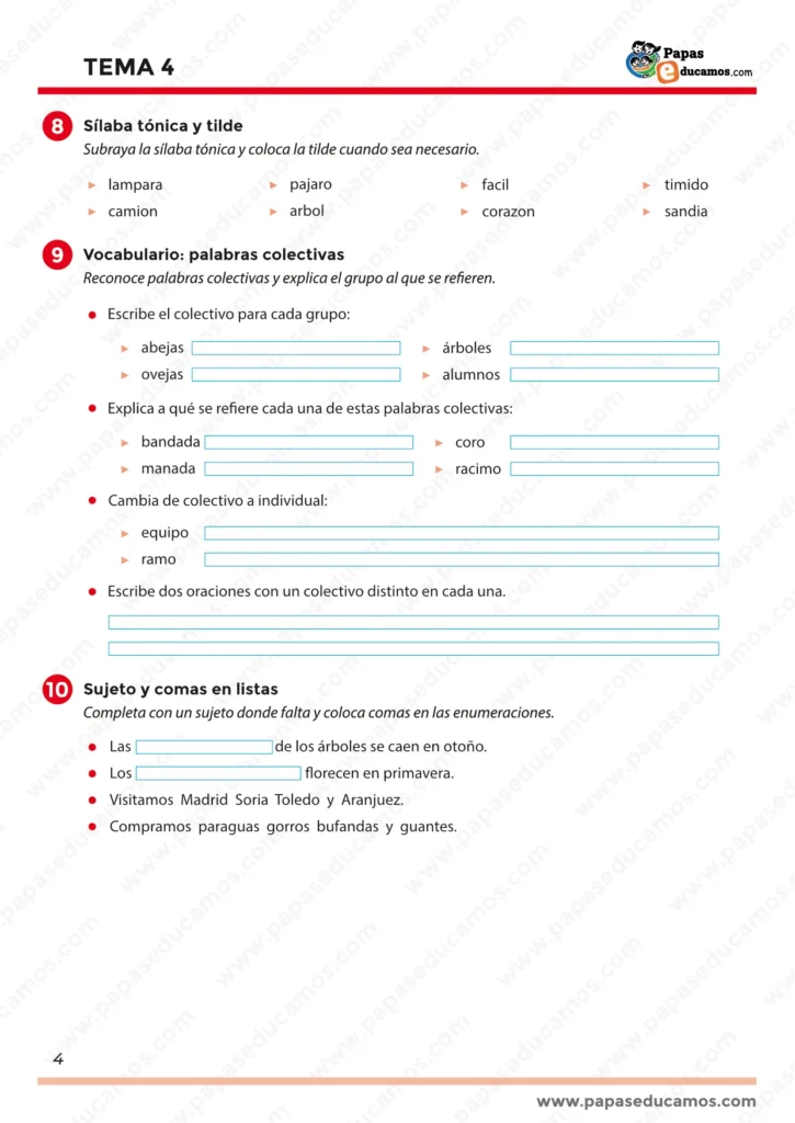 ejercicios_tema_04_lengua_3_primaria_04 Página 4 del Tema 4 de Lengua Castellana para 3º de Primaria. Fichas sobre palabras colectivas, uso de comas en enumeraciones y práctica del sujeto en las oraciones.