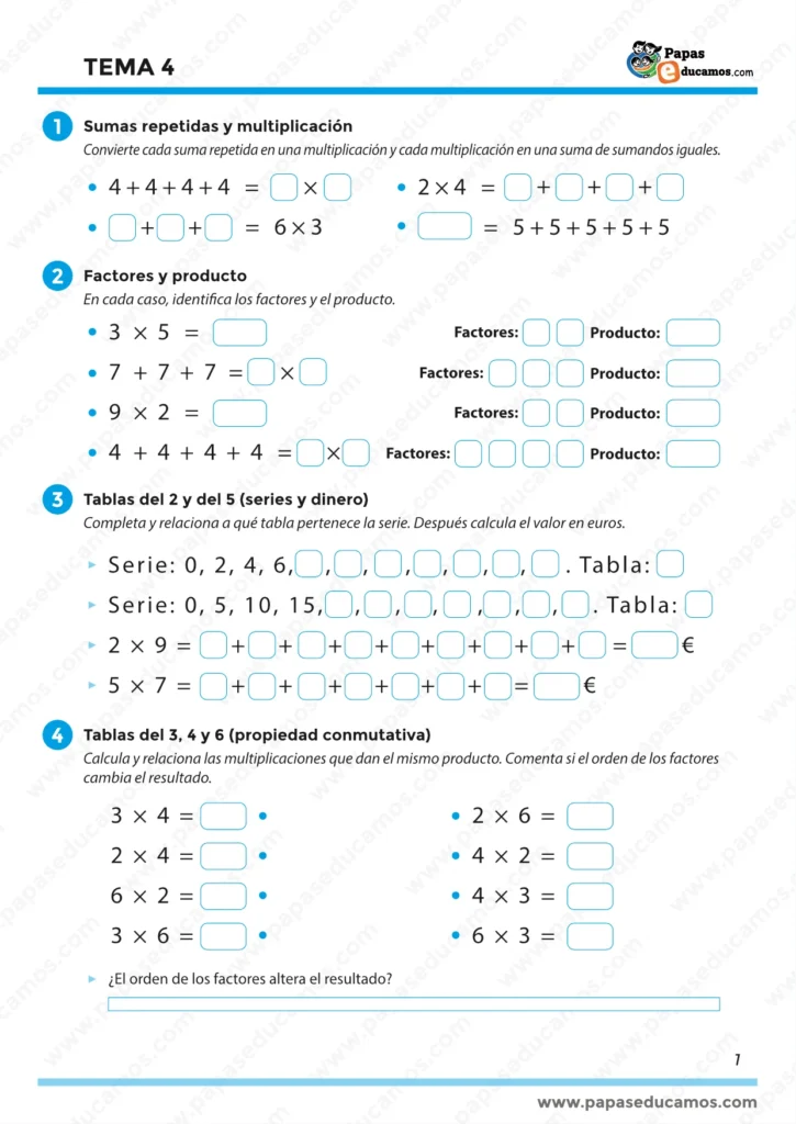 Página 1 del Tema 4 de Matemáticas para 3º de Primaria. Ejercicios sobre sumas repetidas, factores, producto y comprensión de la multiplicación como suma de sumandos iguales.