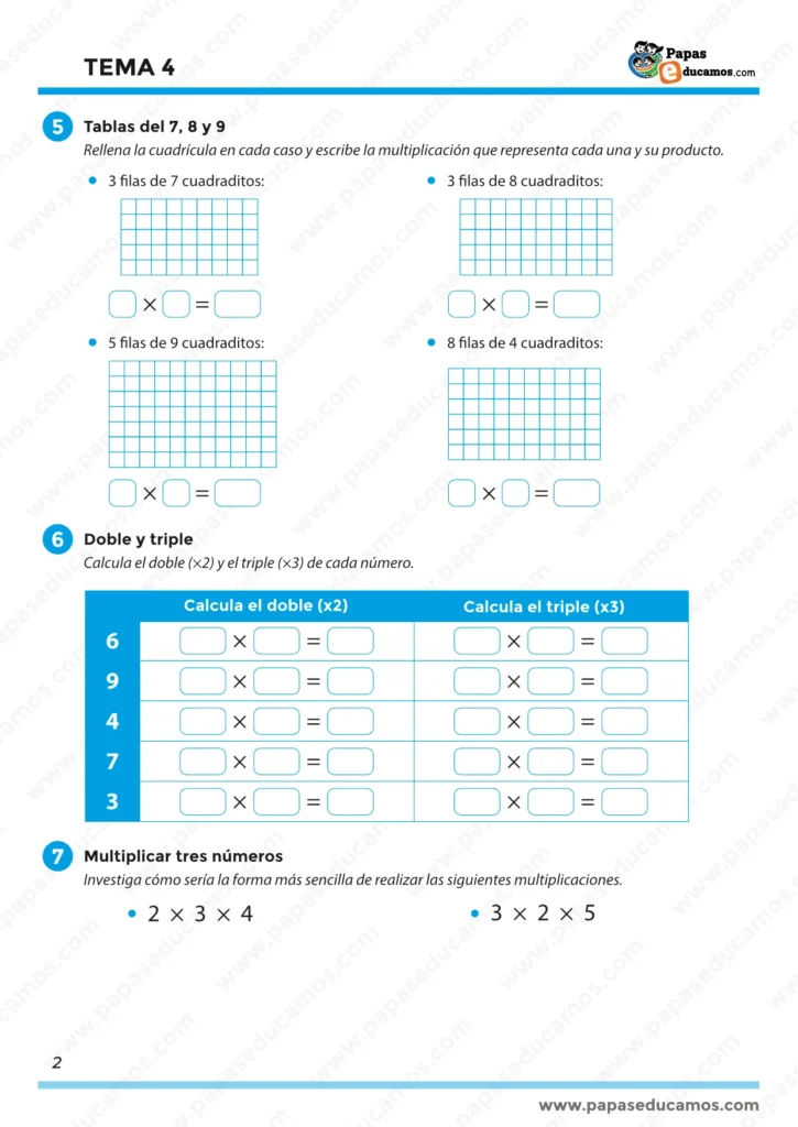 Página 2 del Tema 4 de Matemáticas para 3º de Primaria. Fichas para practicar las tablas del 2, 3, 4, 5 y 6, y aplicar la propiedad conmutativa de la multiplicación mediante ejemplos visuales.