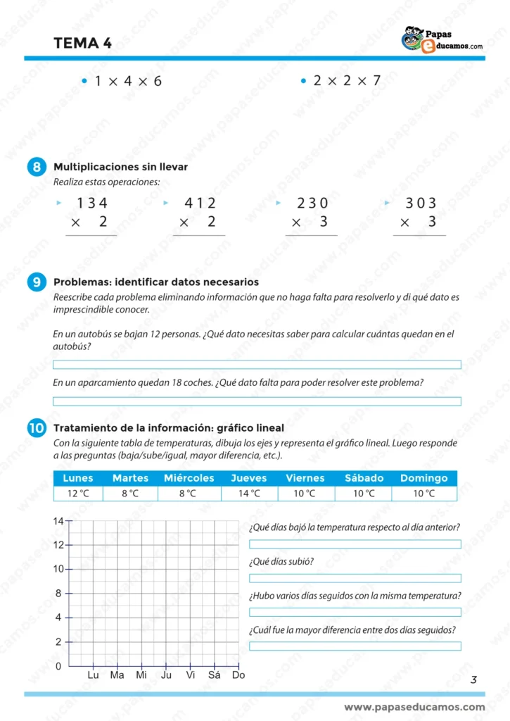 Página 3 del Tema 4 de Matemáticas para 3º de Primaria. Actividades sobre las tablas del 7, 8 y 9, el cálculo del doble y triple, y multiplicaciones sin llevar.