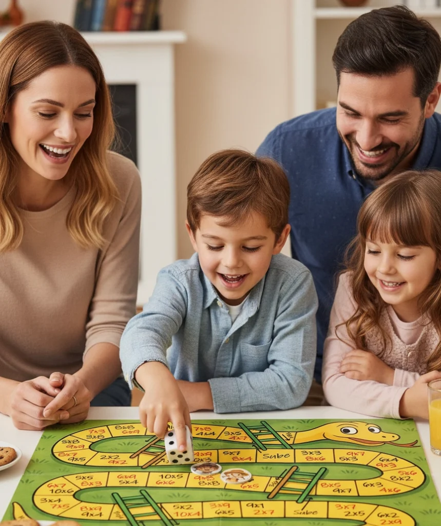 Familia jugando al juego de la serpiente de las tablas de multiplicar sobre la mesa, niños resolviendo operaciones mientras avanzan por el tablero.