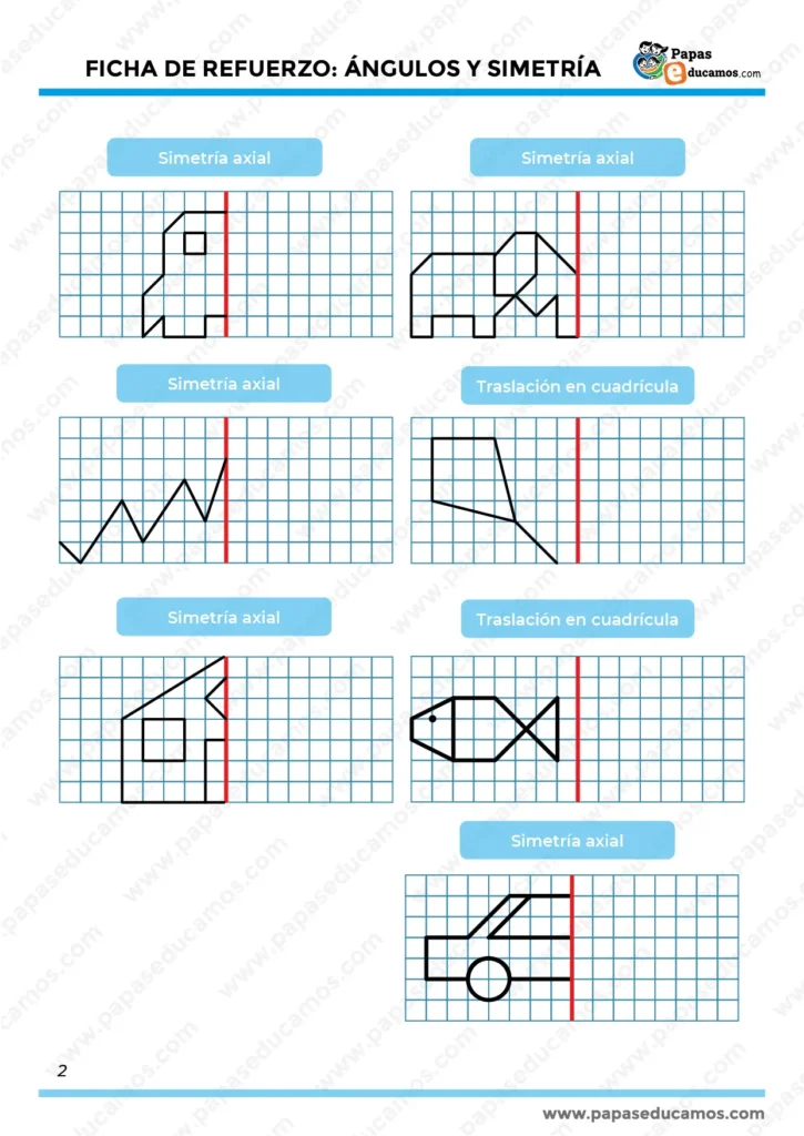 Página con varias figuras geométricas dibujadas en cuadrículas, donde los alumnos deben completar la simetría axial o la traslación de cada una. Aparecen figuras de animales, formas y objetos con eje de simetría vertical marcado en rojo.