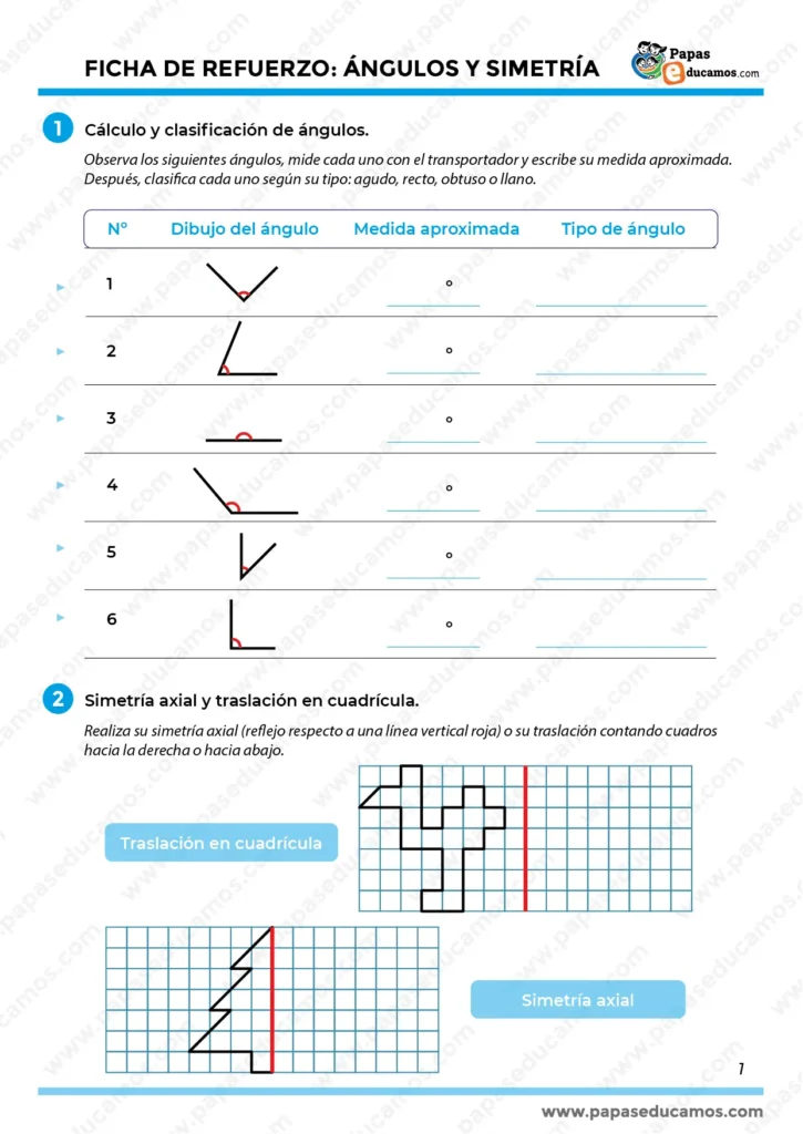 Página con ejercicios para medir y clasificar ángulos agudos, rectos, obtusos y llanos. Contiene también dos cuadrículas donde los alumnos deben realizar simetrías axiales respecto a una línea roja o traslaciones de figuras.