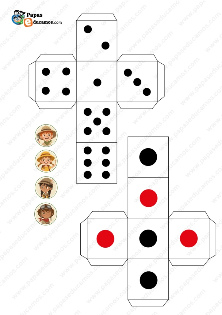 Plantilla imprimible con dados y fichas de personajes para el juego de las tablas de multiplicar, lista para recortar y montar.