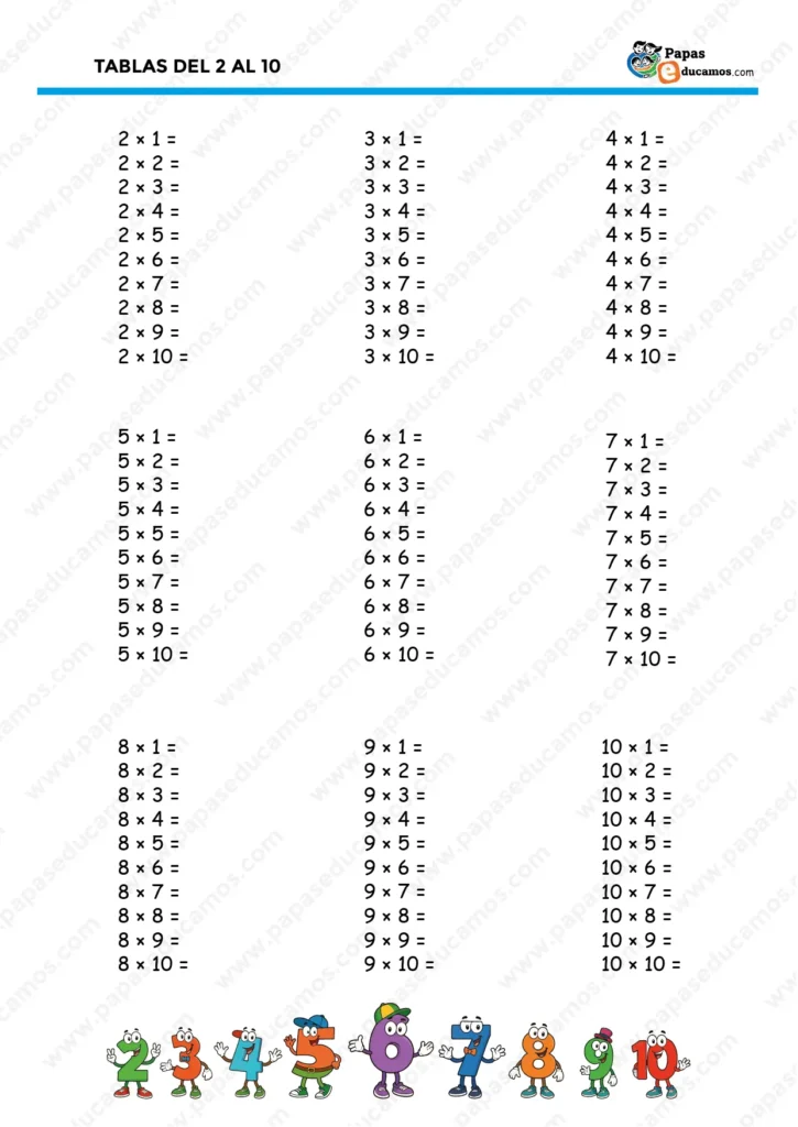 Ficha de las tablas de multiplicar del 2 al 10 para completar, acompañada de números coloridos y personajes divertidos. Recurso educativo para reforzar la memorización y la comprensión de la multiplicación en Primaria.
