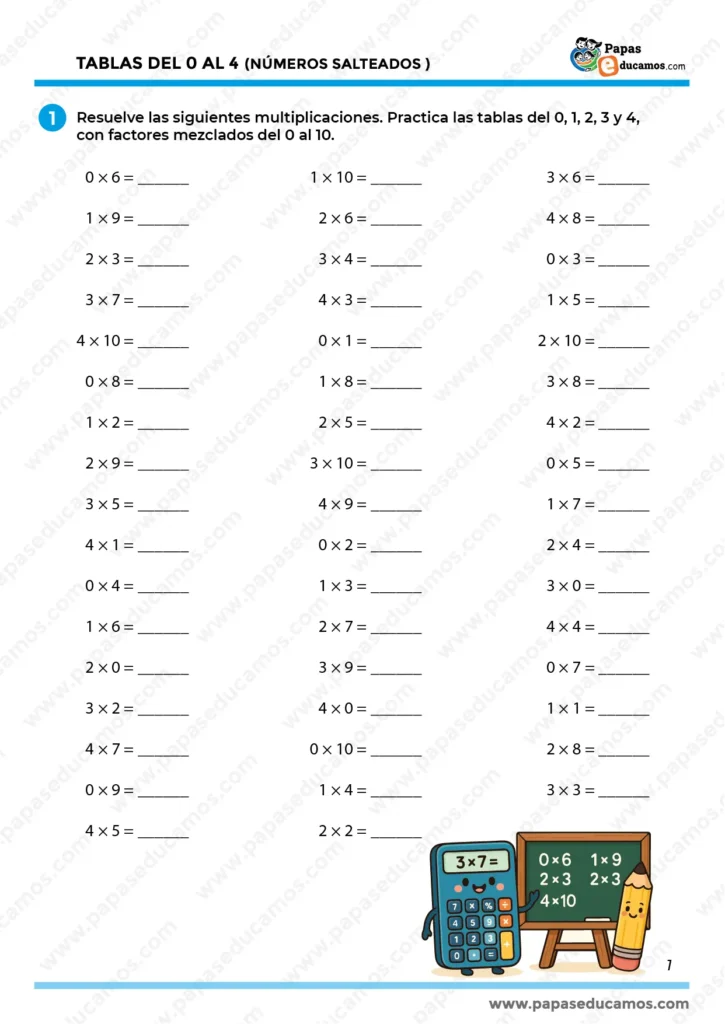 Ficha imprimible de matemáticas con 50 multiplicaciones salteadas de las tablas del 0 al 4, diseñada para niños de primaria. Incluye dibujos coloridos de una calculadora y un lápiz sonriente junto a una pizarra.
