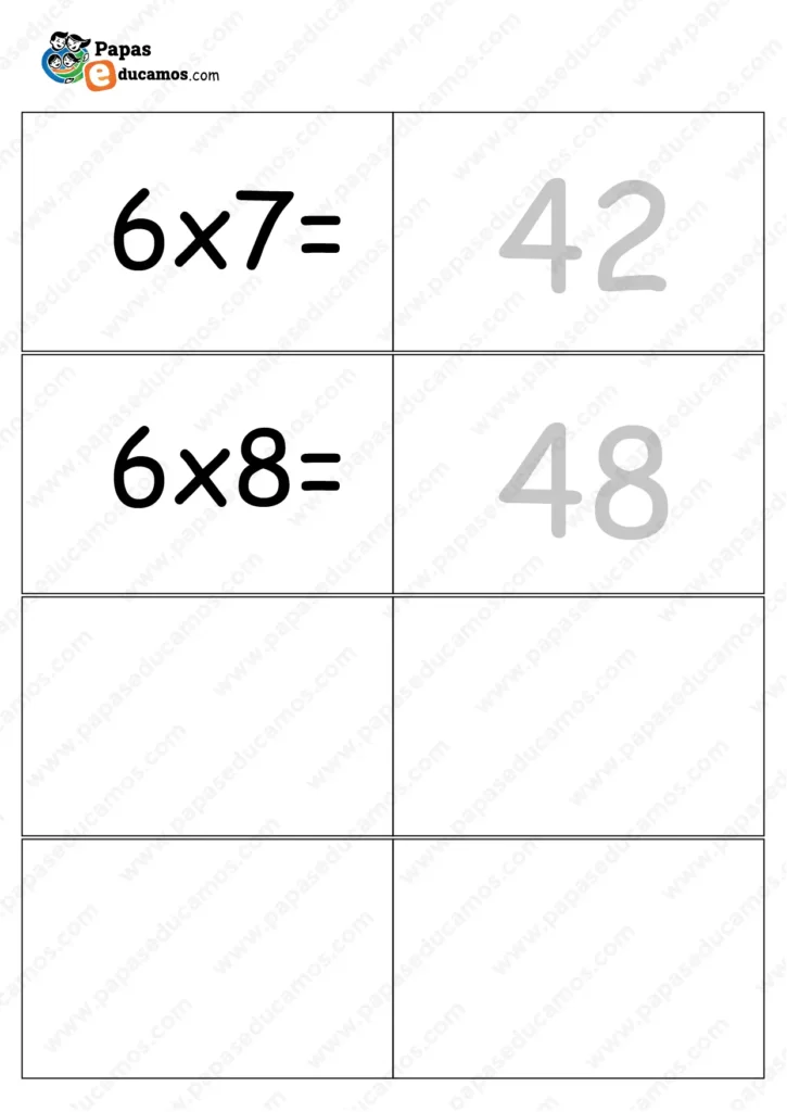 Tarjetones de multiplicaciones con ejercicios 6×7 y 6×8 y espacios vacíos para añadir más operaciones.