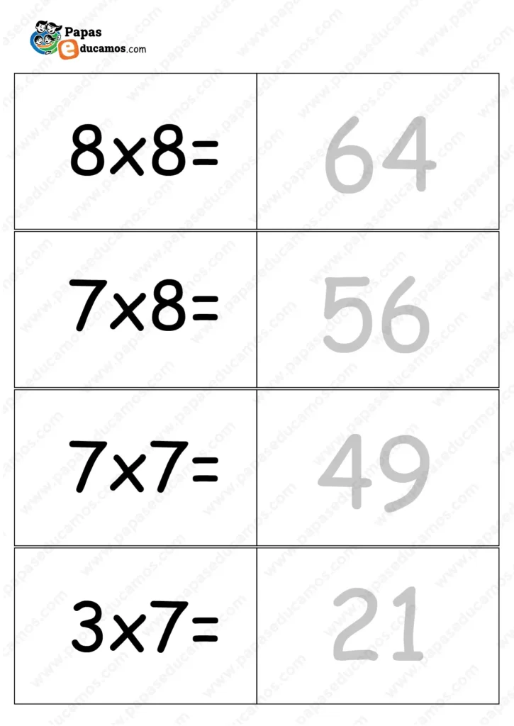 Tarjetas imprimibles con multiplicaciones como 8×8, 7×8, 7×7 y 3×7 junto a los resultados.