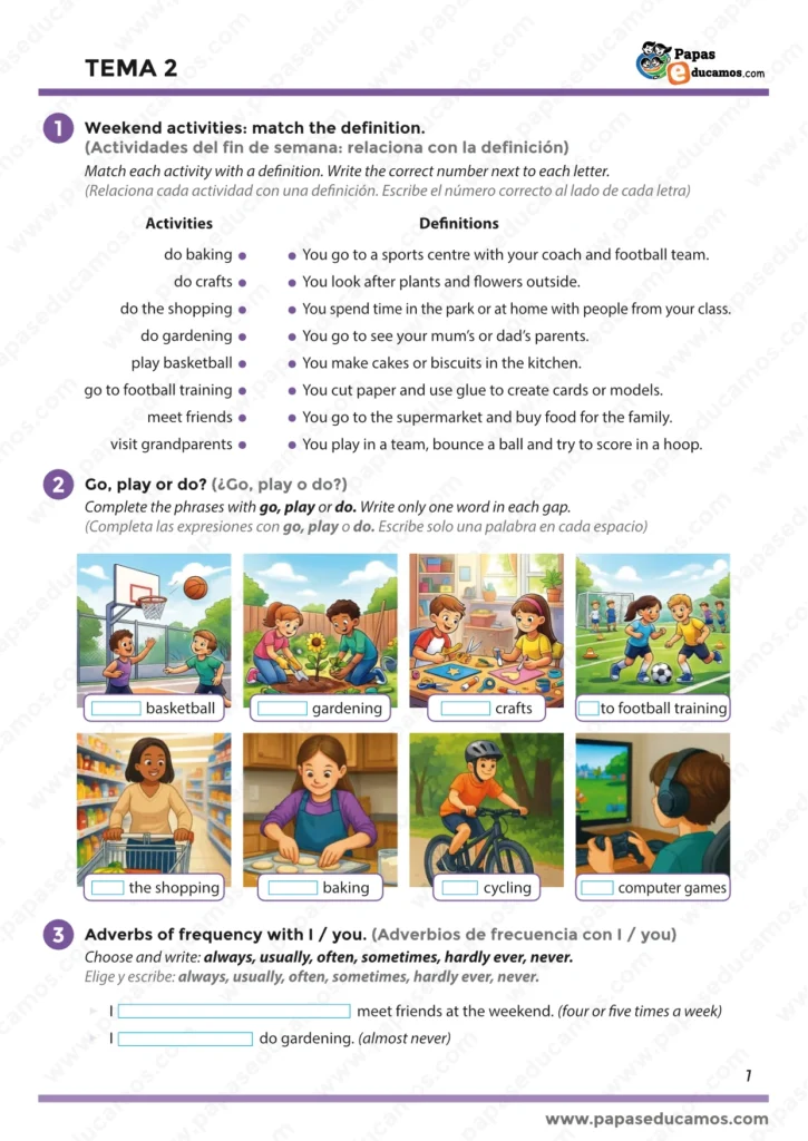 Página 1 de ejercicios del Tema 2 inglés 5º de Primaria: actividades del fin de semana, adverbios de frecuencia, emociones, lectura y diario en inglés para niños.