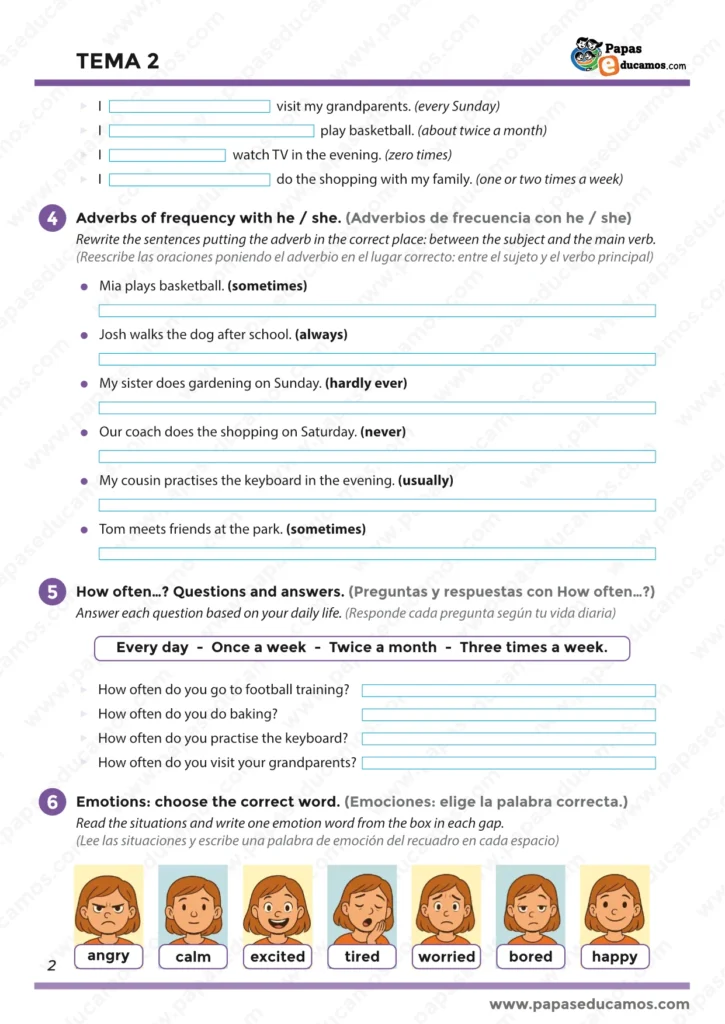 Página 3 de ejercicios del Tema 2 inglés 5º de Primaria: actividades del fin de semana, adverbios de frecuencia, emociones, lectura y diario en inglés para niños.